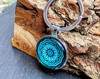 Double Sided Peach and Jade Flowers Glass Cabochon Keyring