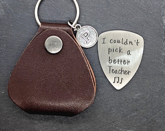 I Couldn't Pick A Better Teacher Personalised Guitar Pick Keyring Holder Pouch With Initial & Stainless Steel Plectrum