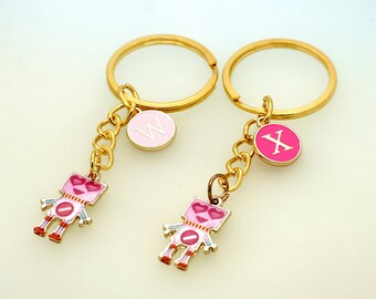 Pink Robot Personalised Gold Keyring With Choice of Pink Enamel Initial