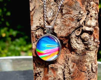 Double Sided Abstract Glass Cabochon Pendant On Stainless Steel Chain Necklace