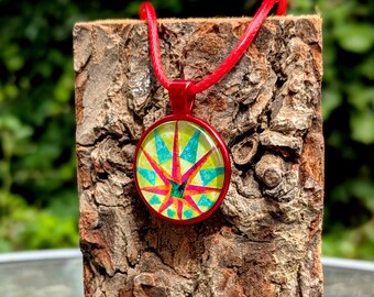 Star Abstract Glass Cabochon Pendant On Red Cotton Necklace