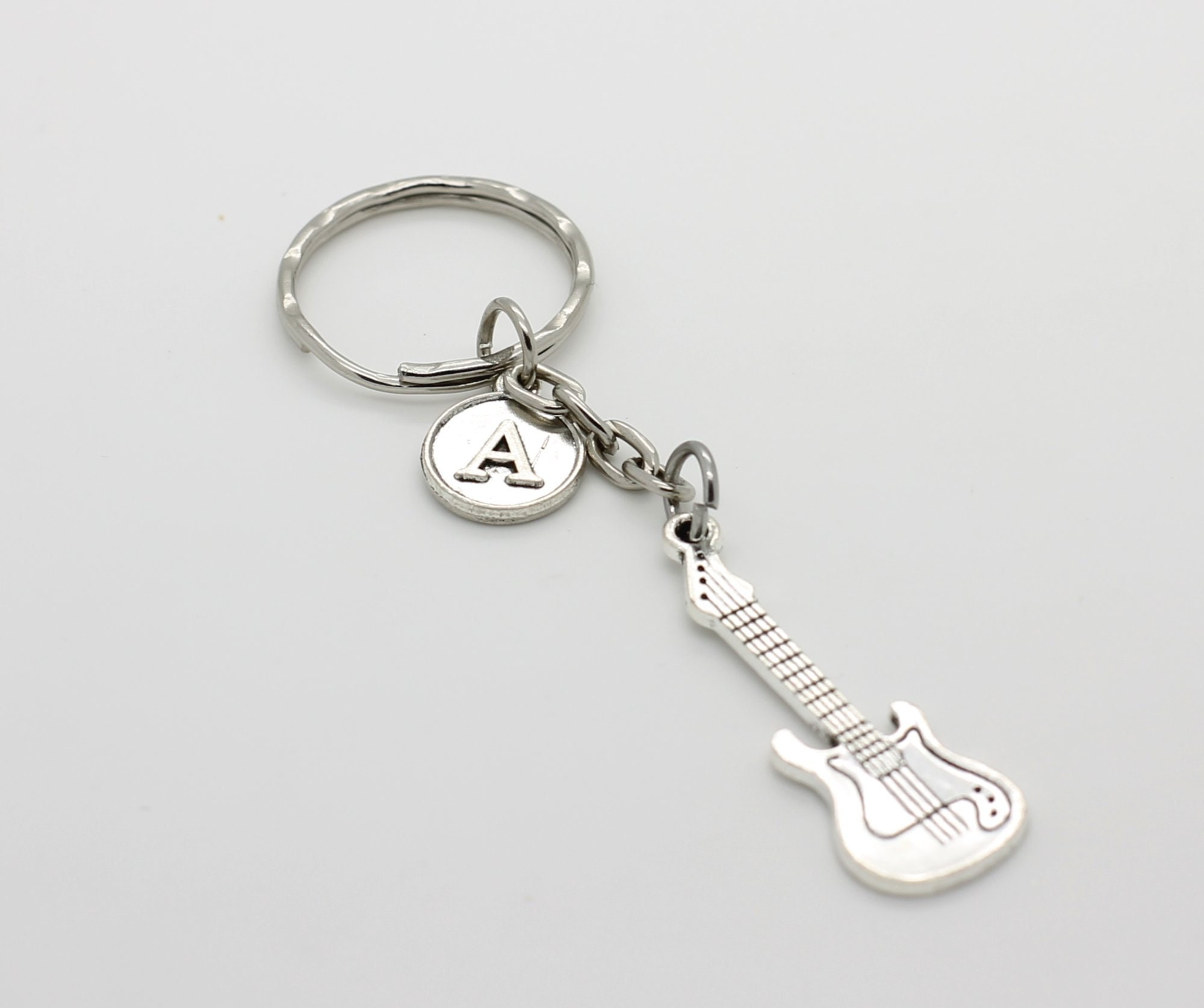 Personalised Electric Bass Guitar Keyring With Initial Silver Etsy