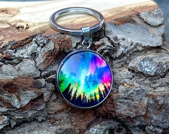 Northern Lights Forest Night Sky Glass Keyring Stainless Steel
