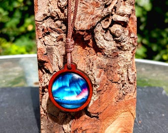 Northern Lights Ocean Sea Night Sky Wood Adjustable Necklace