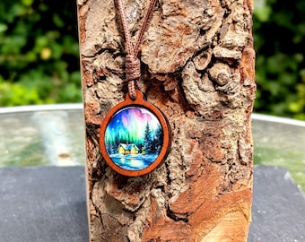 Northern Lights House in Forest Night Sky Wood Adjustable Necklace