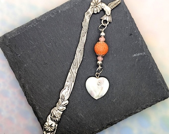 Bird With Mother of Pearl Heart Beaded Bookmark