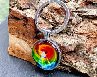 Double Sided Rainbow Galaxy Spiral Glass Cabochon Keyring