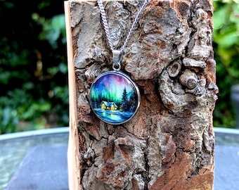 Aurora Forest House Glass Pendant On Stainless Steel Chain Necklace