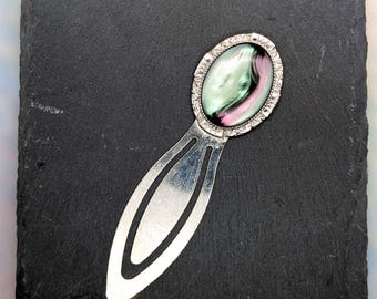 Faux Abalone Silver Tone Metal Clip Bookmark