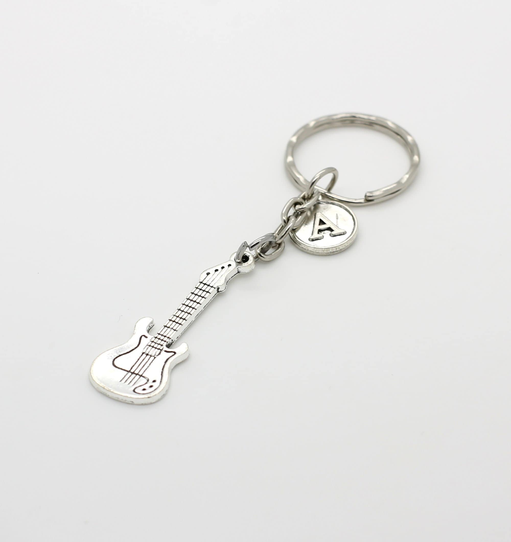 Personalised Electric Bass Guitar Keyring With Initial Silver Etsy