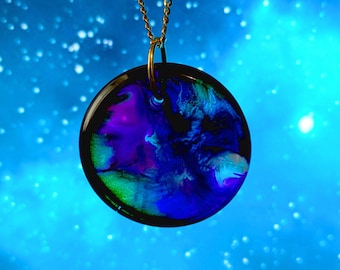 Galaxy Universe Effect Resin Pendant On Gold Stainless Steel Chain Necklace