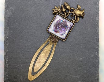 Flower Cabochon Bookmark Bronze Tone Metal Clip On