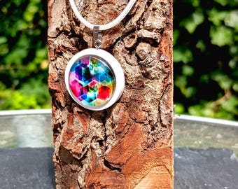 Abstract Multi-Coloured Glass and Wood Pendant On Cotton Necklace