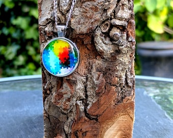 Double Sided Abstract Glass Cabochon Pendant On Stainless Steel Chain Necklace