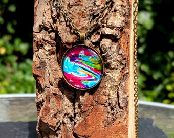 Abstract Swirl Pattern Glass Cabochon Pendant On Bronze Chain Necklace