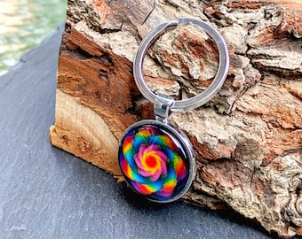 Double Sided Rainbow Kaleidoscope Glass Cabochon Keyring