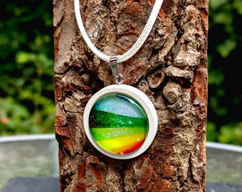 Multi-Coloured Stripes Glass and Wood Pendant On Cotton Necklace