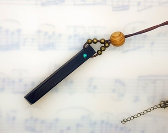 Antique Real Ebony Wood Piano Key With Opal & Beads Leather Necklace