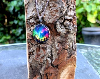 Aurora Forest Night Sky Glass Pendant On Stainless Steel Chain Necklace