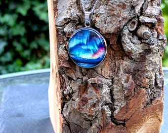 Aurora Mountains Night Sky Glass Pendant On Stainless Steel Chain Necklace