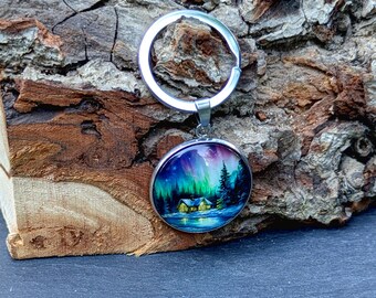 Northern Lights House in Forest Night Sky Glass Keyring Stainless Steel