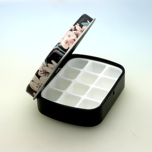 Mini Watercolour Paint Palette In A Tin Black Flowers Design 12 Wells Hinged Lid