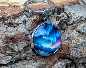 Northern Lights Mountains Night Sky Glass Keyring Stainless Steel