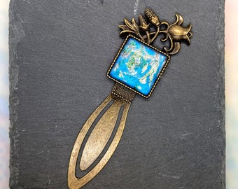 Flower Cabochon Bookmark Bronze Tone Metal Clip On