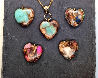 Bronzite and Jasper Heart Pendant Gold Stainless Steel Necklace Choice of Style