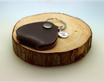 Personalised Guitar Pick Keyring Holder Brown Pouch With Initial