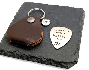 I Couldn't Pick A Better Dad Personalised Guitar Pick Keyring Holder Pouch With Initial & Stainless Steel  Plectrum