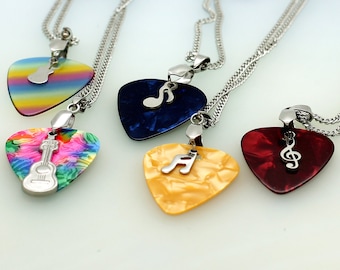 Custom Guitar Pick With Music Theme Pendant Choice of Colour Stainless Steel Necklace