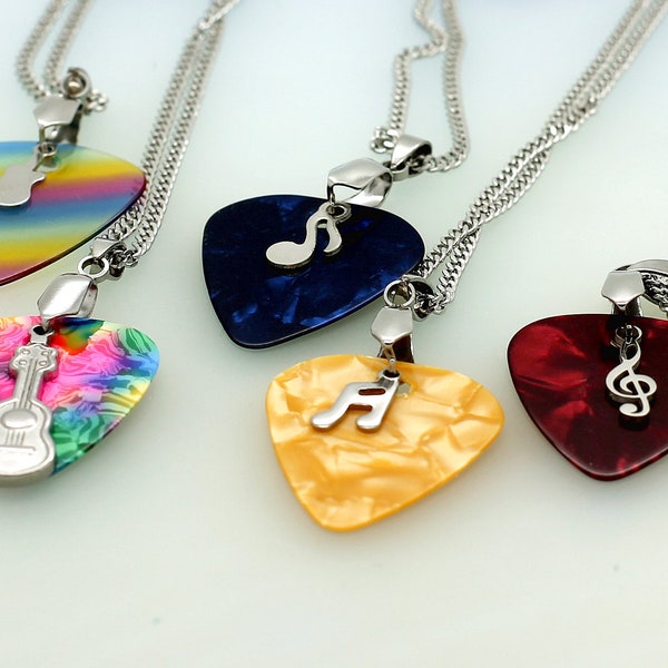 Custom Guitar Pick With Music Theme Pendant Choice of Colour Stainless Steel Necklace