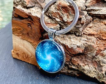 Double Sided Blue Galaxy Spirals Glass Cabochon Keyring