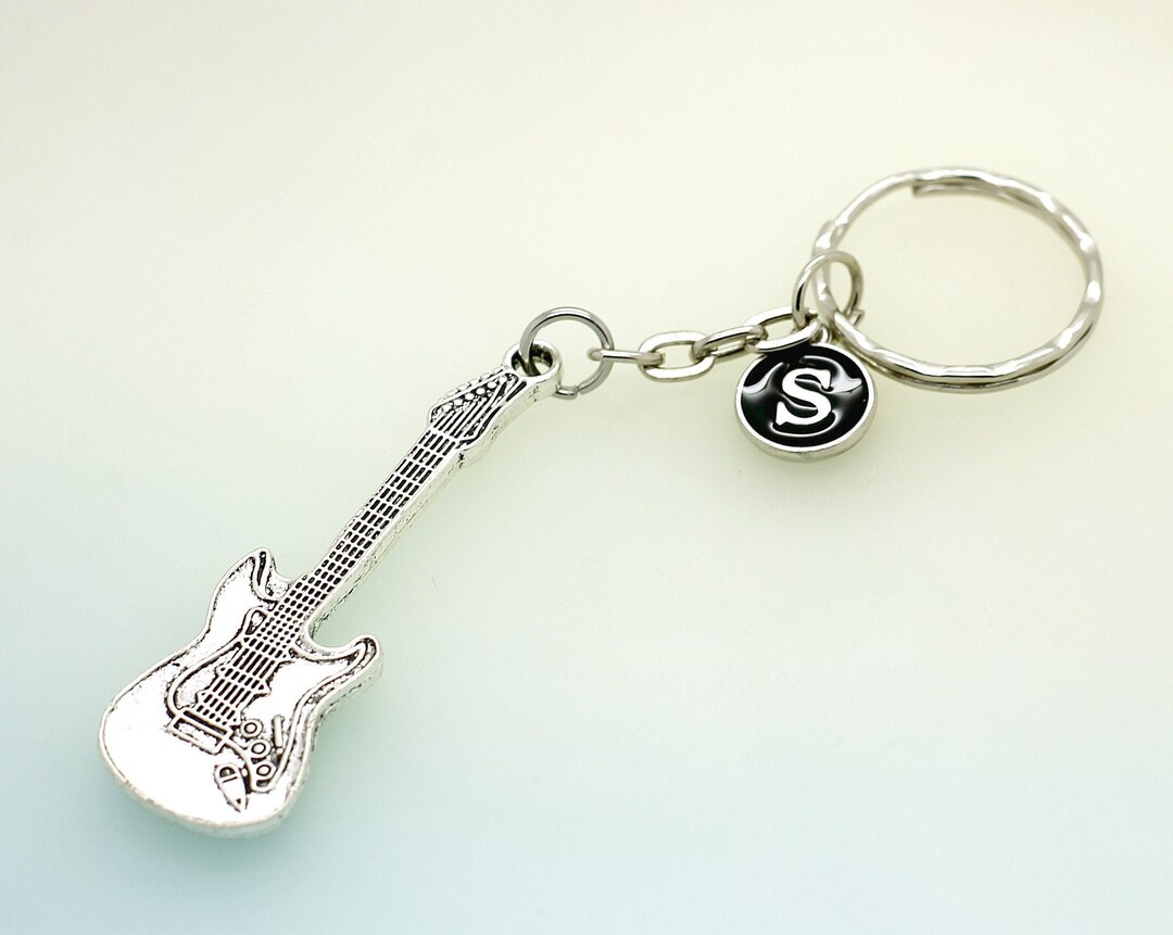 Personalised Strat Style Electric Guitar Keyring With Black Initial Etsy