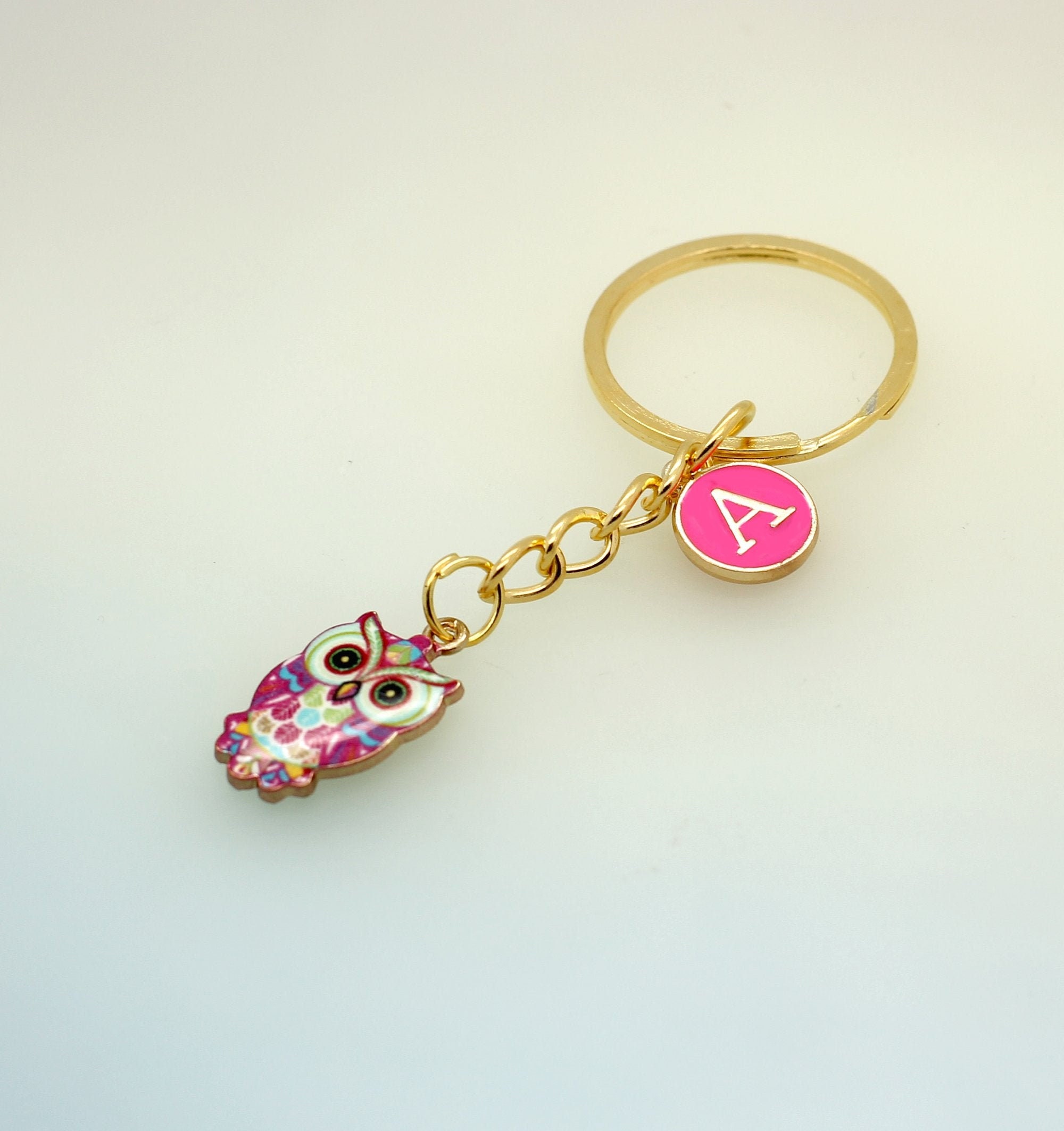 Pink Owl Gold Keyring Personalised With Initial