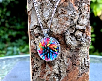 Double Sided Abstract Glass Cabochon Pendant On Stainless Steel Chain Necklace