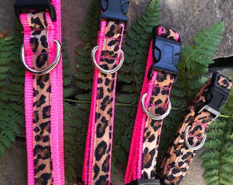 Brown Cheetah on Hot Pink Nylon Webbing Dog Collar, Martingale & Leash