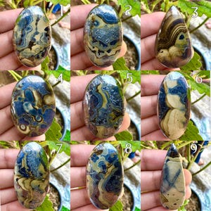 Puede incluir: Nueve cabujones de piedras preciosas pulidas en varias formas ovaladas y de lágrima. Las piedras muestran intrincados patrones de colores azul, marrón, beige y crema, con vetas y remolinos únicos. Cada piedra se sostiene sobre un fondo de follaje verde.