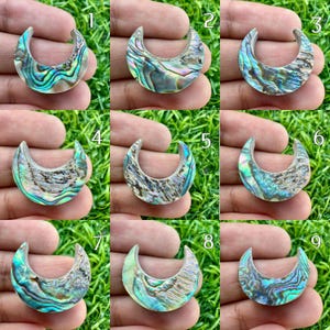 May include: Nine iridescent abalone shell crescent moon pendants. Each pendant displays a unique pattern of blues, greens, and purples. The pendants are displayed on a green background.