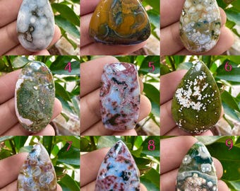 May include: Nine polished gemstone cabochons in various shapes and colours. The stones feature patterns of green, brown, blue, and white. Some are teardrop-shaped, while others are oval or rectangular. The gemstones are displayed against a green leafy background.