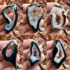 May include: Six polished agate geodes with a central cavity. The geodes have a variety of colours, including white, black, brown, and blue. The geodes are irregularly shaped and have a crystalline interior. These are ideal for collectors or for use in jewellery making.