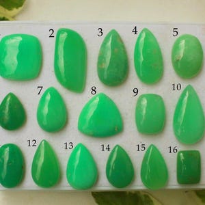 May include: Sixteen polished, bright green gemstones of various shapes, including oval, teardrop, and rectangular, are displayed. The gemstones are arranged in a white tray, highlighting their smooth surfaces and natural variations.