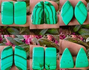 Natural Malachite Cabochon Pair, Striped Green Gemstones