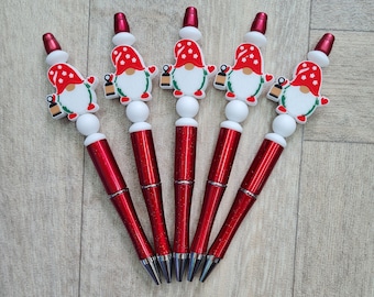 Gnome /Gonk beaded pen/ Christmas stocking filler/ Gonk pen personalised with initial or engraved with a name / unusual pen gift Xmas
