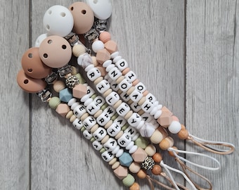 Personalized silicone dummy clip with name, geometrical beads/ gender neutral dummy clip/ neutral colours pacifier holder with name