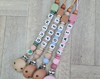 Personalised baby dummy clip holder baby girl/ baby boy soother holder with name/ pacifier clip with rainbow/ baby gift