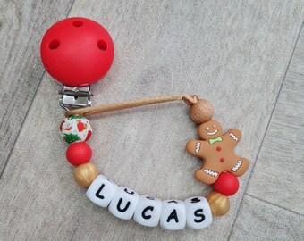 Personalised Christmas baby dummy clip/ Xmas baby gift/ Traditional Xmas pacifier clip/ Xmas soother holder with name