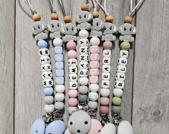 Clip fopspeen met naam - BPA-vrije siliconenkralen - fopspeenhouder met naam - gepersonaliseerde fopspeenclip voor fopspeen baby-olifant