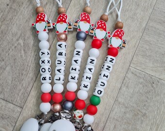 Baby Christmas dummy clip with name - BPA free silicone beads - pacifier holder with name - gonk pacifier- personalised Christmas dummy clip